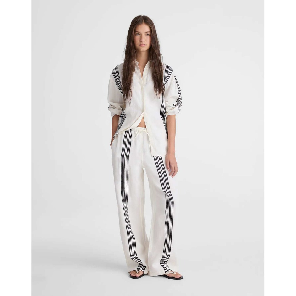NWT Madewell Pants Pull On Linen Blend Small Bold Placement Stripe Cream Black - Picture 2 of 13